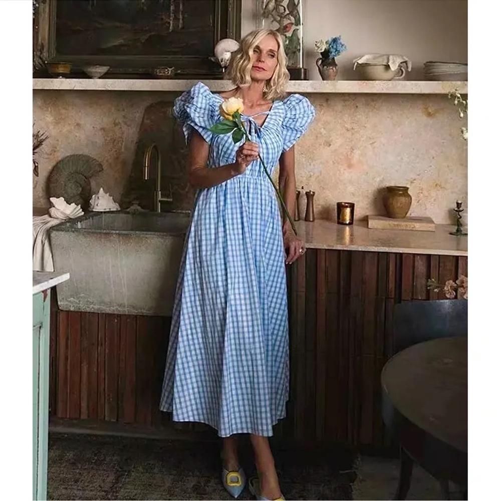 Antonio Melani Jennifer Sumko Catherine Gingham Puff Sleeve Taffeta Midi Dress